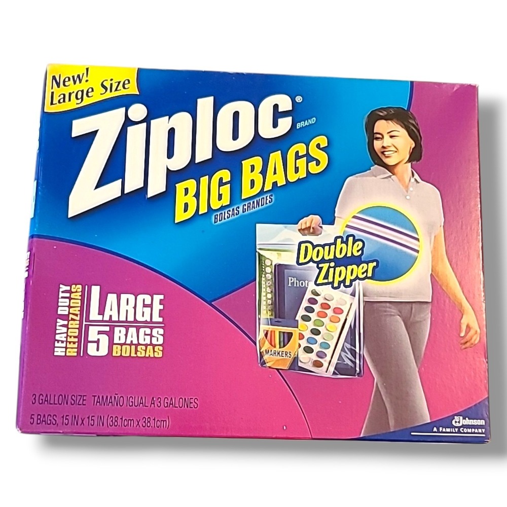 NOS Ziploc Big Bags Large 3 Gallon 5 Count Double Zipper Heavy Duty VTG